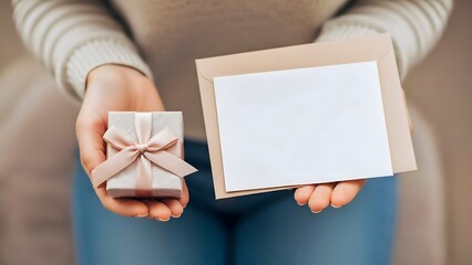 Hand Holding Blank Greeting Card with Ribbon, Minimal Gift Card Mockup for Valentine&rsquo;s Day