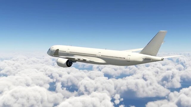 Commercial White Airbus A350 Passenger Jet Flying Above Thick Clouds Under Clear Blue Sky, Modern Aviation Industry Concept, Large Airliner Airplane for Global Travel and Business Trip