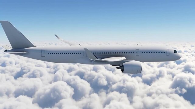 Side View of White Airbus A350 Jetliner Flying High Above Cloudscape, Commercial Aviation Aircraft in Flight, Modern Passenger Airplane Transportation for International Travel and Tourism