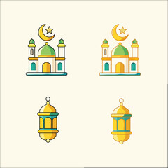 Fototapeta premium Islamic Ramadan Icons Collection – Mosque and Lantern Flat Design