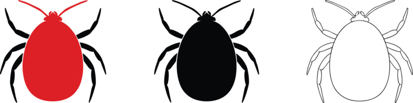 Tick and mite vector icons in red, black, and outline style for warnings, pest control, medical, and safety designs