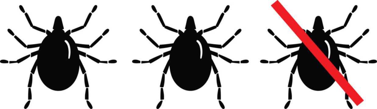Tick silhouette icons with prohibition symbol for pest control, anti-tick warning, insect prevention, and parasite protection designs