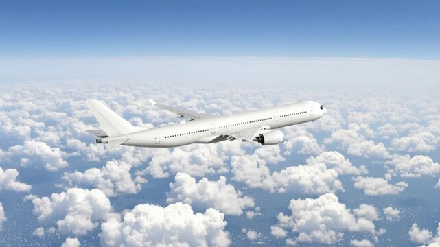 Side Angle of White Airbus A350 Modern Passenger Plane Banking Over Clouds in Bright Sky, Commercial Aviation Industry, Aerospace Technology, and Global Air Travel Connection Concept Stock Photo