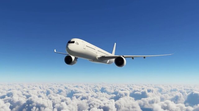 White Airbus A350 Modern Commercial Airplane Flying Above Clouds in Blue Sky Background, Wide Body Passenger Aircraft Jetliner in Flight for Travel, Aviation, Tourism, and Transportation Concept Image