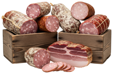 Assorted cured meat sausages and bacon in wooden crates on a transparent background