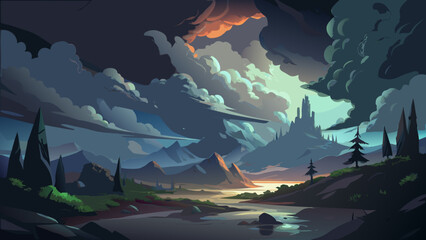 Fantasy Castle on Hill Under Dramatic Cloudy Sky with Glowing Moon