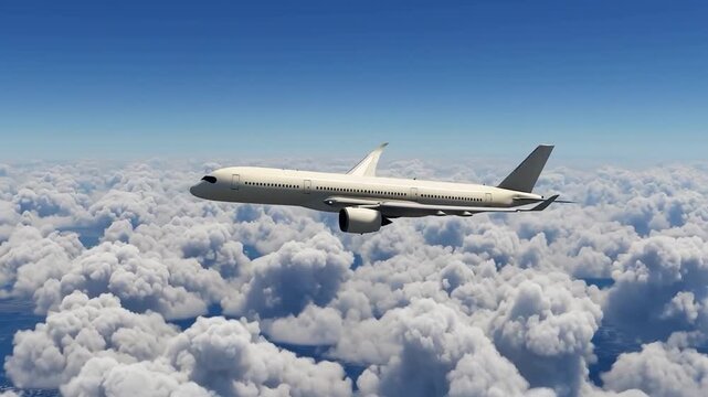 Modern White Airbus A350 Airliner Soaring Over White Clouds Side Profile View of Widebody Aircraft for Global Tourism Business Travel Concept and International Flight Journey Service Promotion Image