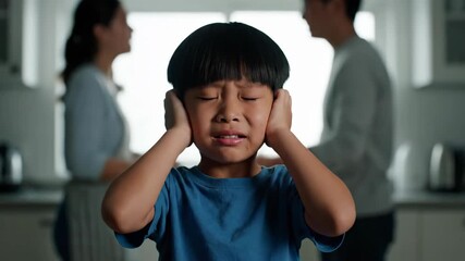 Young boy covering his ears amidst parental argument in the kitchen.