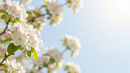 Soft spring apple blossom branch with delicate white petals and sunlight glow