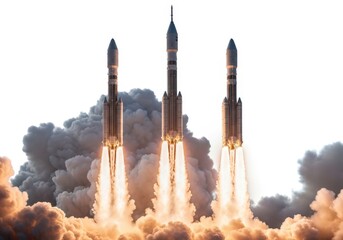 Three heavy launch rockets lift off into sky generating huge smoke