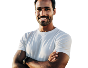 Confident young man with dark hair and beard, wearing a white t shirt and smartwatch, smiling broadly with, isolated on transparent background