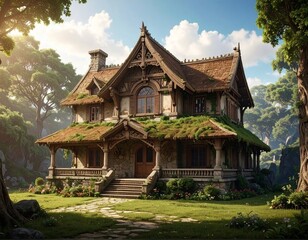 Obraz premium Enchanted Cottage with Mossy Roof in Lush Forest