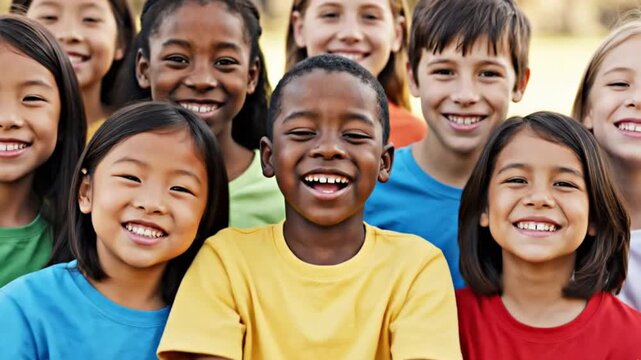 Group of diverse children standing with hands on heart during patriotic event or reciting pledge of allegiance in classroom
