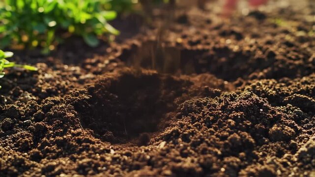 A close-up depicts a hand using a small gardening tool in dark soil, with green plants in background
