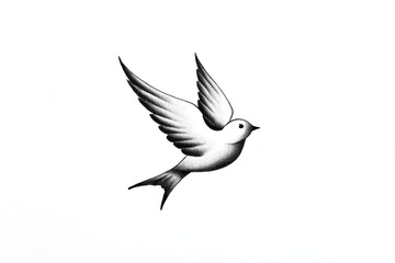 Obraz premium A grayscale drawing of a flying bird with outstretched wings against a clean white background
