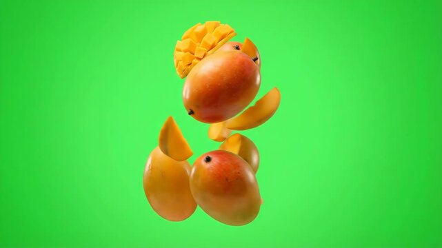 Motion loop of fresh mangoes falling, with cubes and slices, against a green background, Ripe mangoes in freefall with refreshing cubes and slices on a vibrant green screen,
