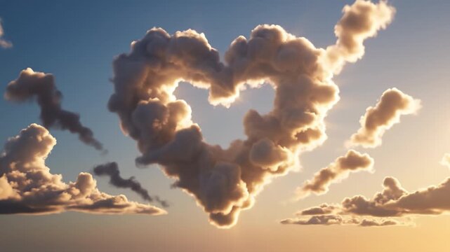 Heart shaped cloud formation glowing at sunset with sunray breaking through soft golden light pastel sky cloudscape romantic warm heart cloud sunset golden light sky cloudscape romantic warm sunray