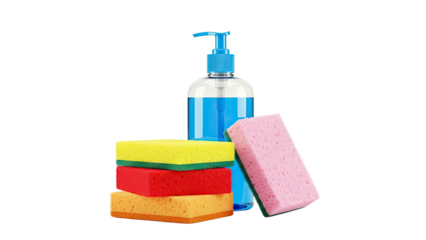 Dish soap and colorful sponges for cleaning