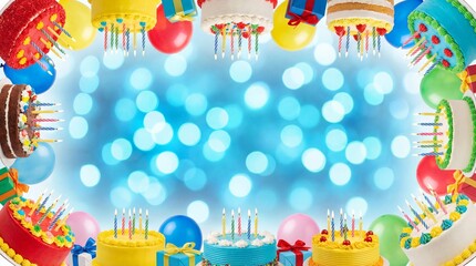 Colorful Birthday Cakes Surrounded by Balloons and Candles Against a Bright Blue Background