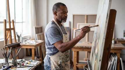 Mature African American Man Painting on Canvas in Bright Art Studio