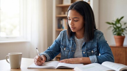 Focused Young Woman Studying and Writing Notes at Home Desk