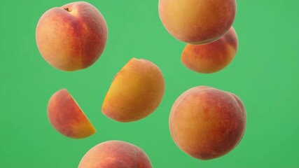 Several peaches and peach slices appear to be floating and rotating in mid-air against a bright green background, dynamic fruit visual - Powered by Adobe