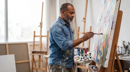 Mature African American Artist Painting Colorful Abstract Art in a Bright Studio