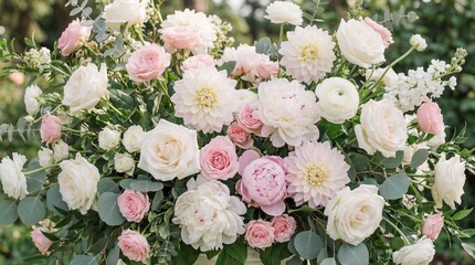 Vibrant Floral Arrangement of White and Pink Roses, Dahlias, and Peonies Surrounded by Eucalyptus