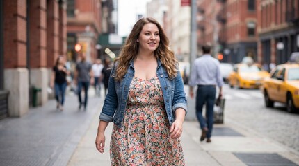 Happy Young Woman in Floral Dress and Denim Jacket Walking on a City Street