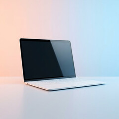 Modern white laptop with blank screen on minimalist desk setup