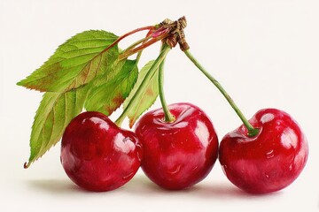 Three ripe, glistening cherries with green leaves on slender stems, against a stark white backdrop