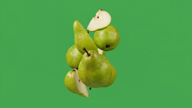 Fresh green pears suspended in mid-air against a vibrant green backdrop, isolated fruit in motion