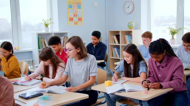 A group of students write in classrooms. Natural lighting. Books, pencil, desk. Whiteboards and shelving visible