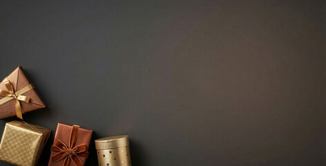 Gift boxes in elegant metallic colors are arranged on a dark surface, creating a festive atmosphere. The shiny wrappers and bows enhance the holiday spirit.