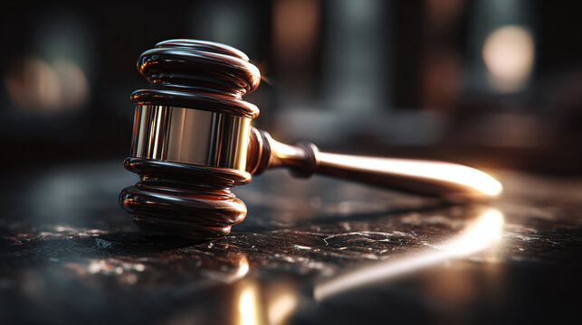 A wooden gavel on a dark, reflective surface, symbolizing justice and legal proceedings