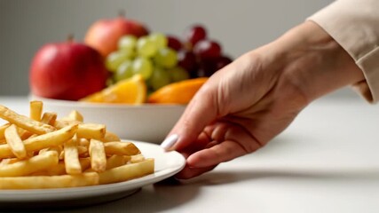 Hand reaching for a plate of French fries with fruit in the background.