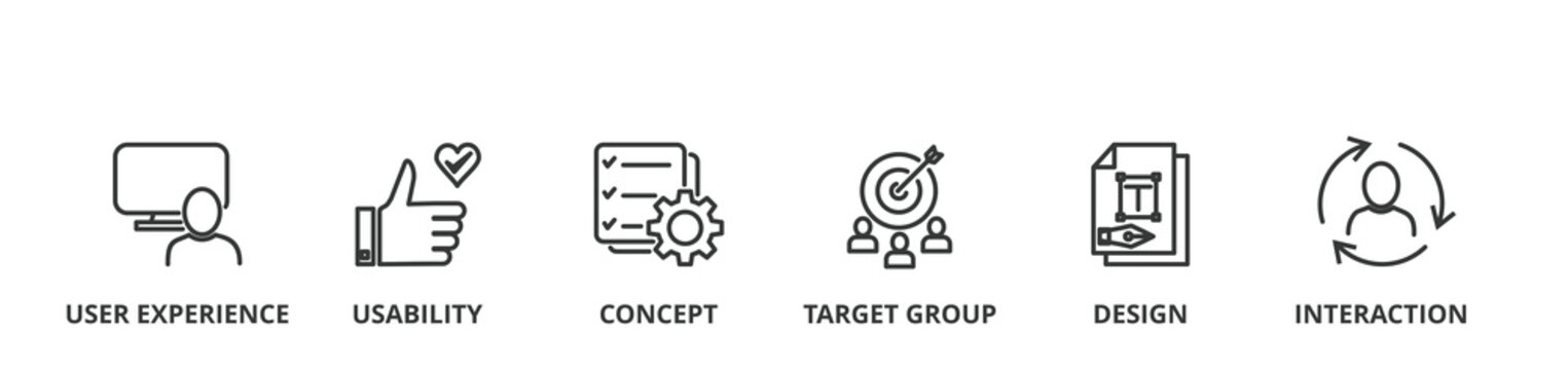 User interface design banner vector illustration concept with icon of user experience, usability, concept, target group, design and interaction