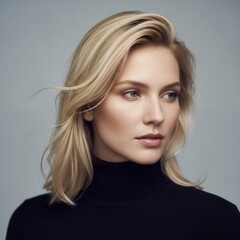 Minimalist fine art portrait, blonde woman in black turtleneck, subtle movement in hair, modern elegance