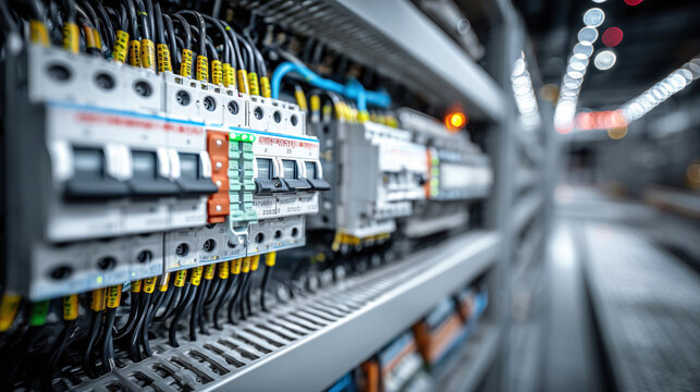 Close-up View of Circuit Breakers and Wires in Industrial Control Panel for Electrical Systems