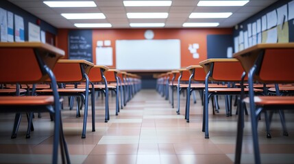 Empty classroom with modern seating and decor.