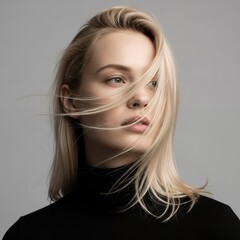 Minimalist portrait of a blonde woman wearing a black turtleneck, soft wind blowing her hair across her face, calm expression