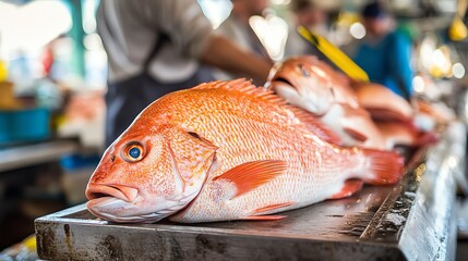 Fresh fish displayed at a market stall.