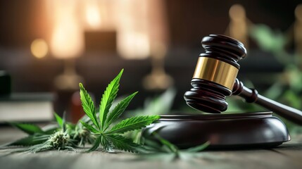 Legal cannabis gavel and marijuana leaves.