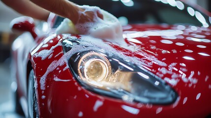 Person washing a red car with soap and water.