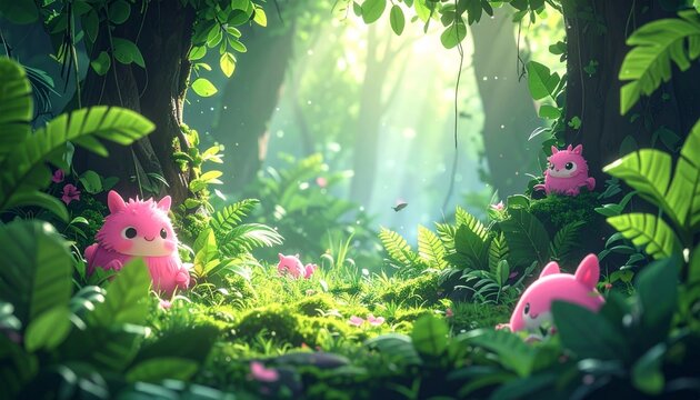 Enchanting Pink Creatures Frolic in a Lush, Sun-Dappled Jungle Paradise.