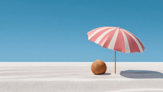 Striped pink parasol providing shade over a coconut on sun-kissed white sand against blue sky