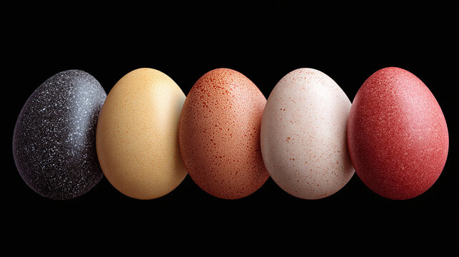 Five eggs with varying shell colors arranged in a row against a black backdrop. The eggs showcase a diverse range of hues