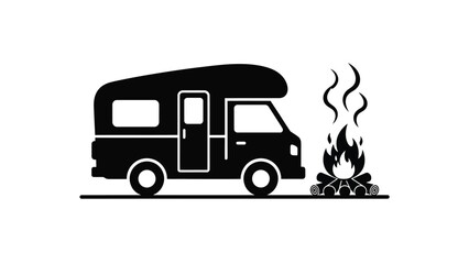 a black and white illustration of a camper van parked next to a campfire