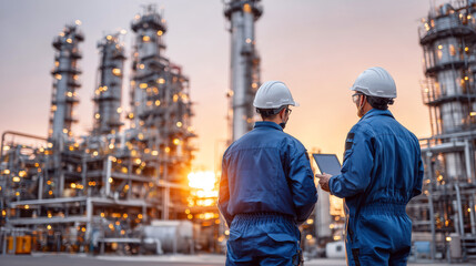 Two Engineers Analyzing Data at Chemical Plant During Sunset with Industrial Equipment in Background