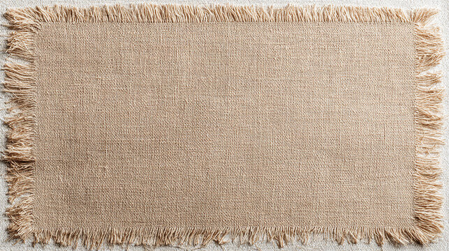 A close-up shot of a textured, fringed rectangular fabric with a rustic feel